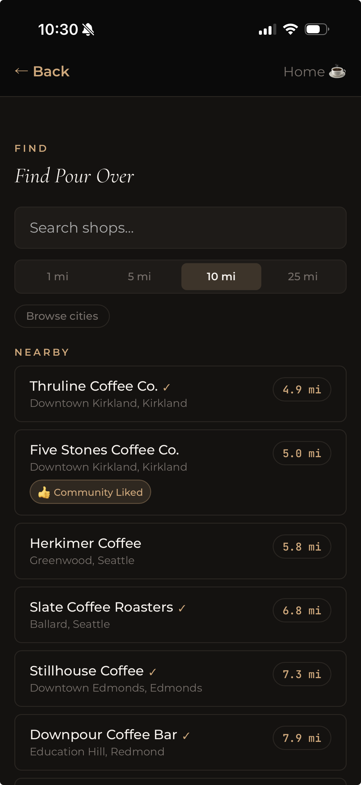 Find Pour Over screen showing nearby pour-over shops with distance badges and community ratings
