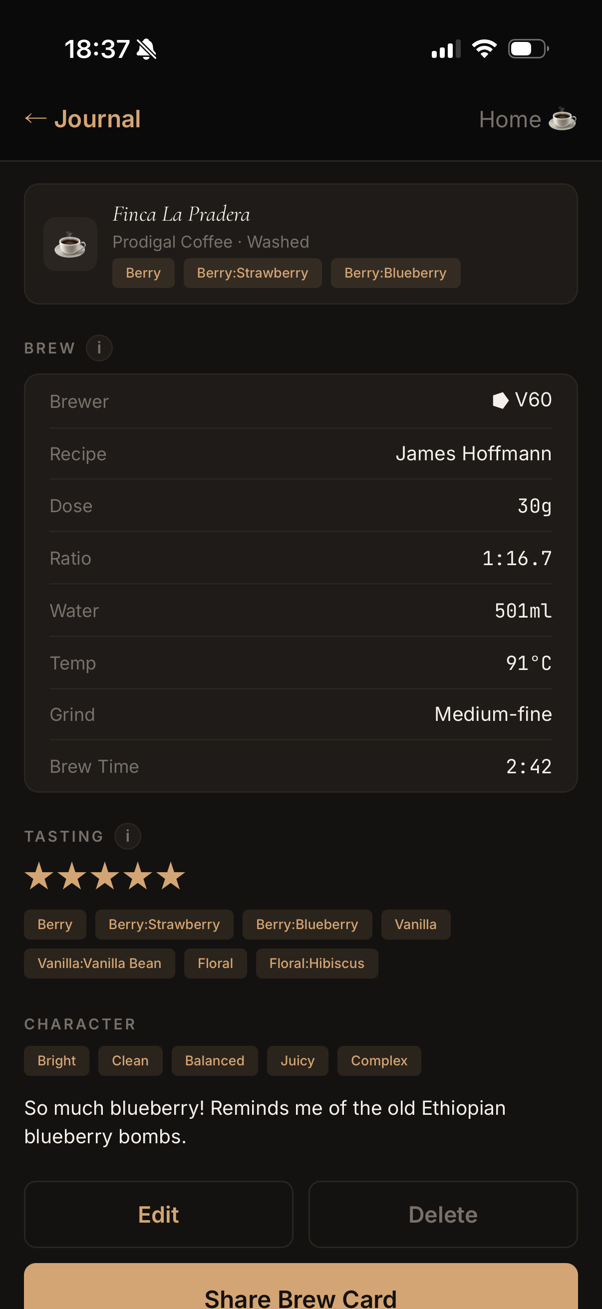 Brew Journal entry with star rating and flavor chips