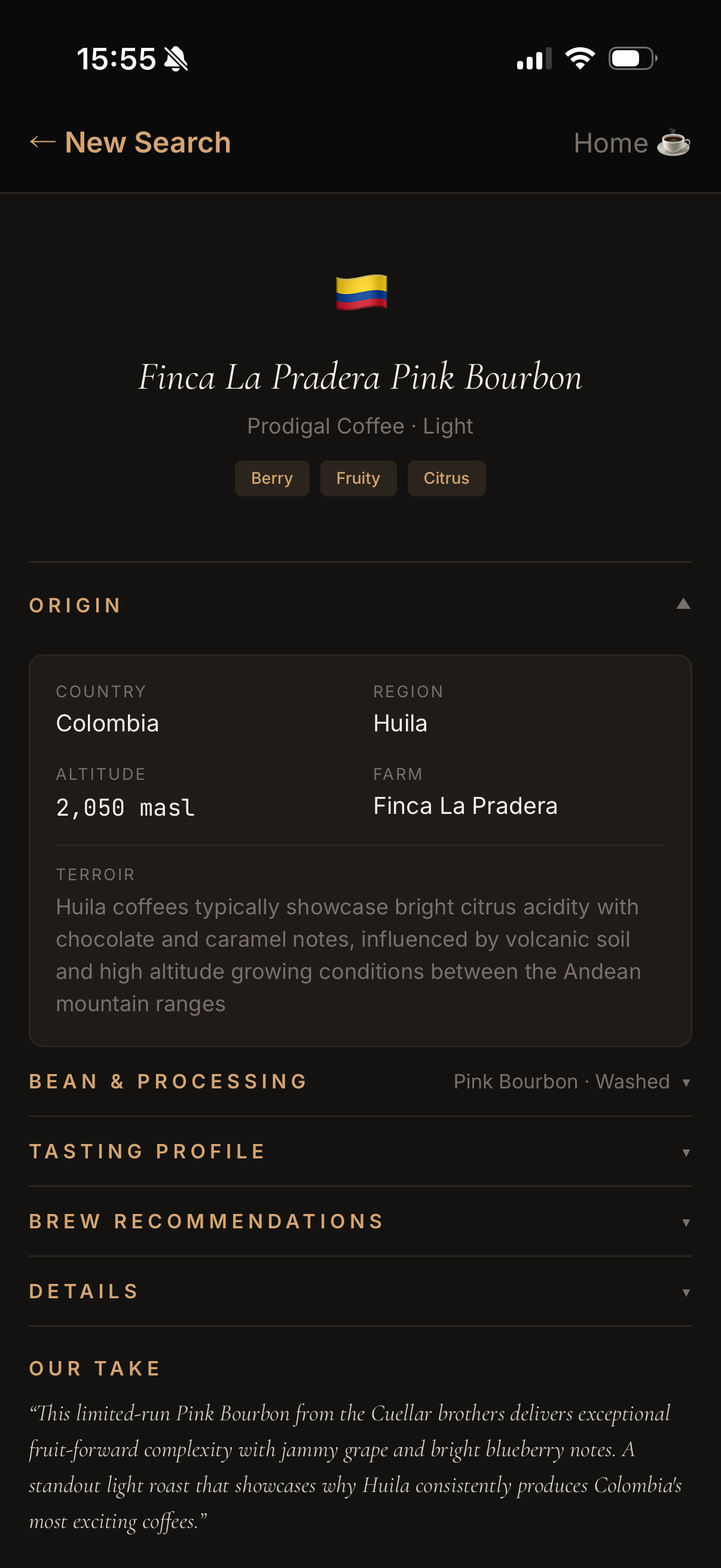 Coffee Lookup results screen showing origin info and flavor notes