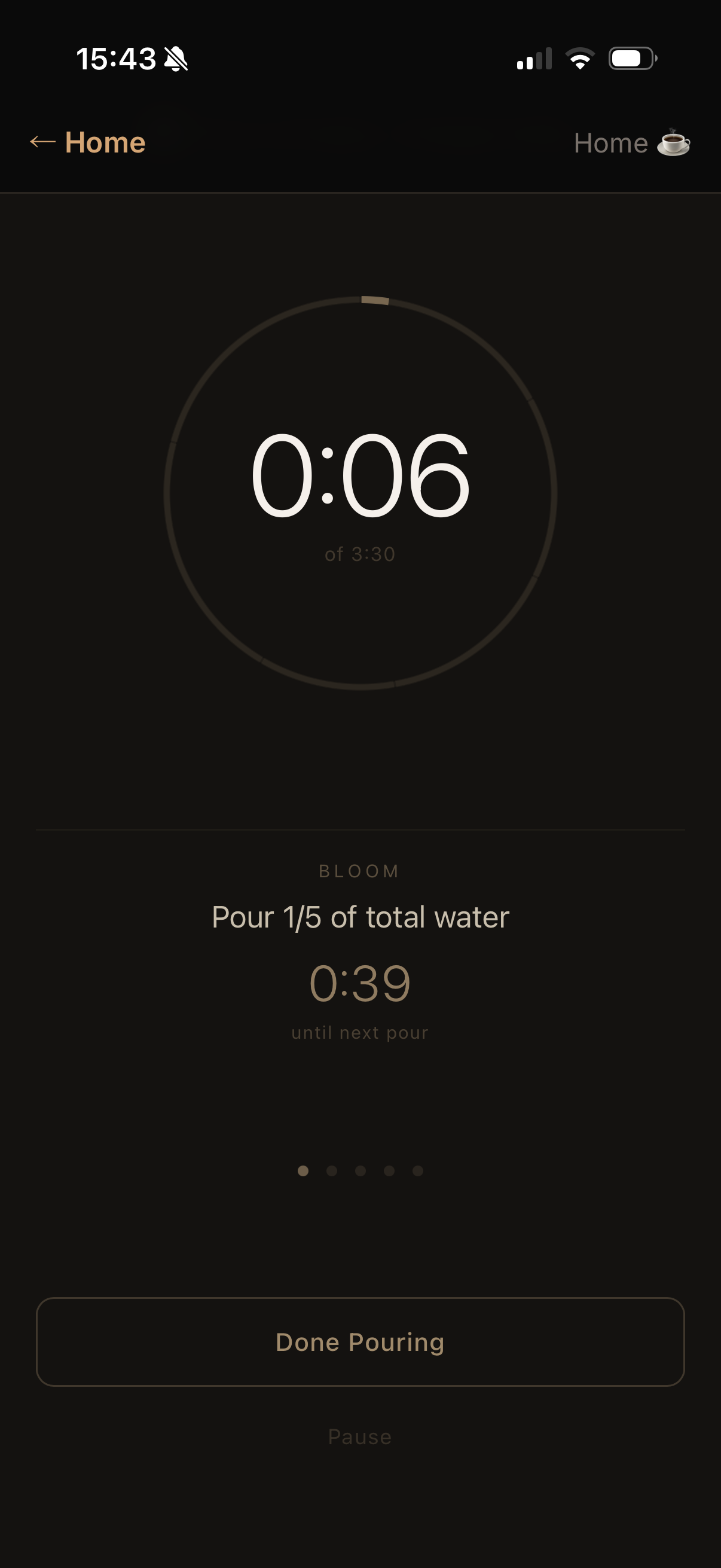 Recipes & Brewing — guided pour-over brew in progress with step-by-step countdown